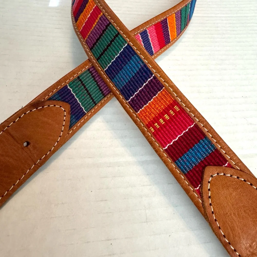 Vintage Handmade Leather and Colorful Woven Tapestry Women's Belt Sz 34 Med